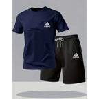 New summer fitness sportswear for men, short-sleeved T-shirt and shorts two-piece set, breathable and quick-drying casual wear.