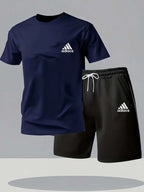 New summer fitness sportswear for men, short-sleeved T-shirt and shorts two-piece set, breathable and quick-drying casual wear.