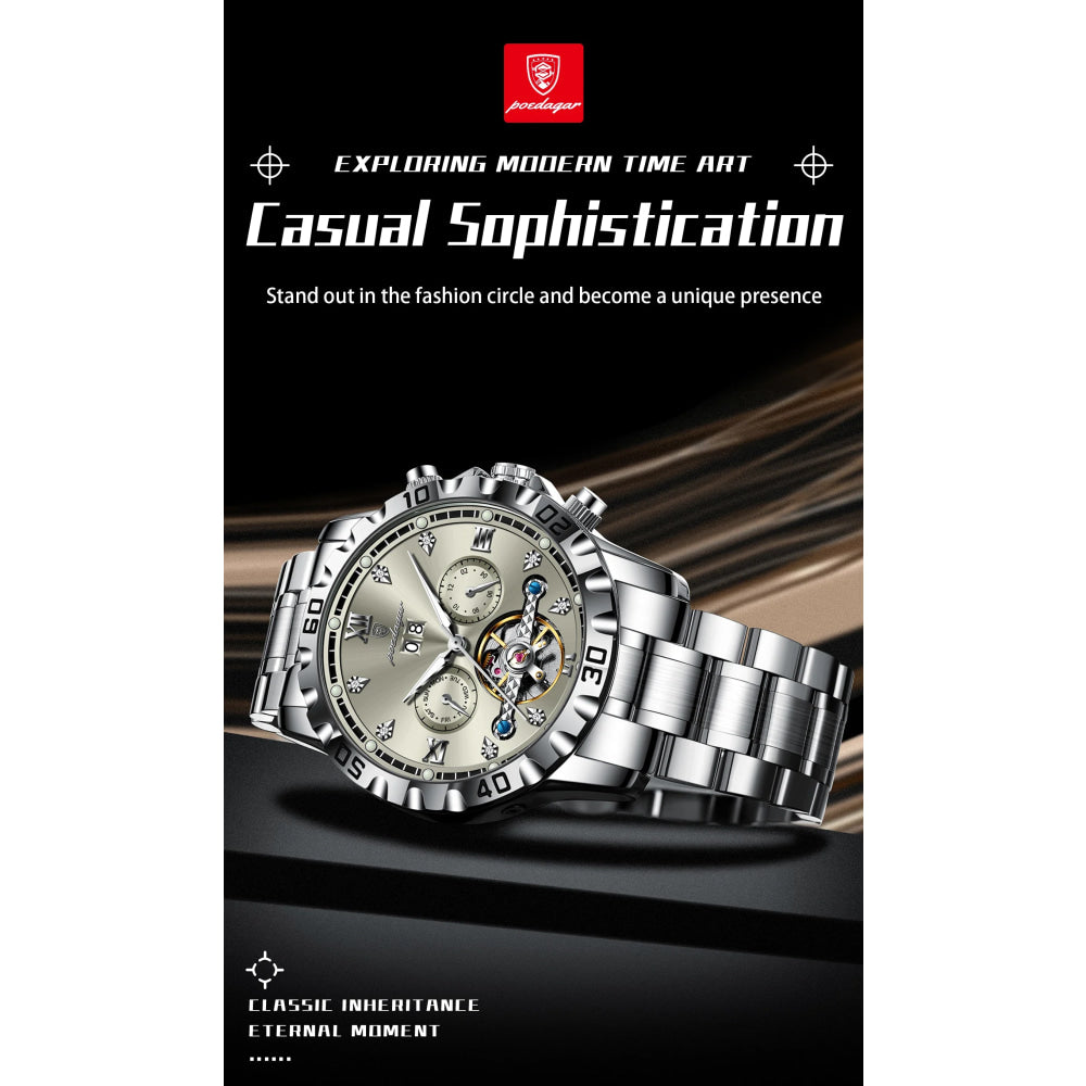 POEDAGAR Luxury Men Wristwatch Hollow Tourbillon Luminous Date Week Man Clock Automatic Mechanical Stainless Steel Men's Watches