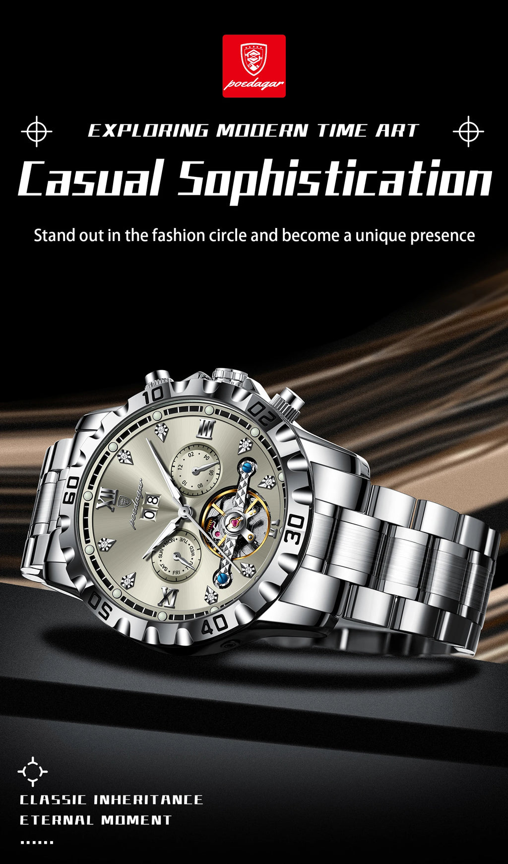 POEDAGAR Luxury Men Wristwatch Hollow Tourbillon Luminous Date Week Man Clock Automatic Mechanical Stainless Steel Men's Watches