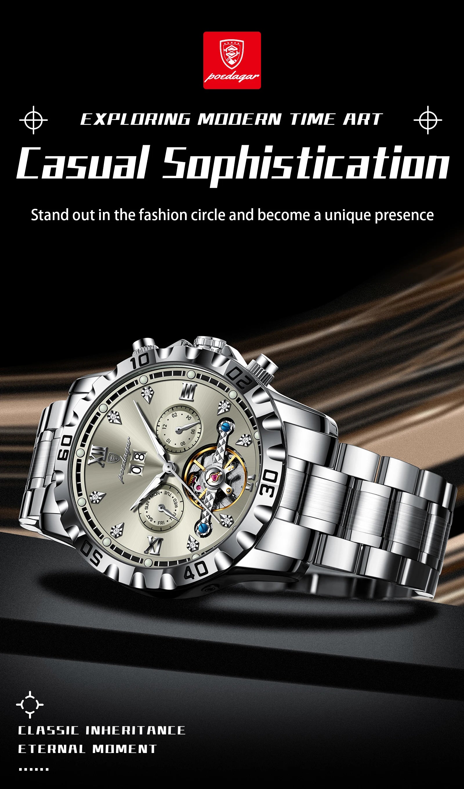 POEDAGAR Luxury Men Wristwatch Hollow Tourbillon Luminous Date Week Man Clock Automatic Mechanical Stainless Steel Men's Watches