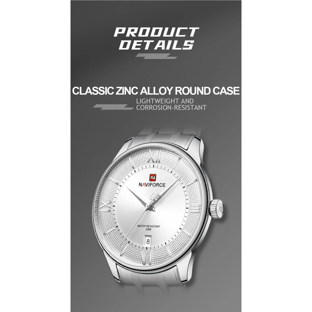 NAVIFORCE Men's Watch Classic Stainless Steel Strap 3ATM Waterproof Calendar Minimalist Dial Men's Chronograph Watch NF9272S