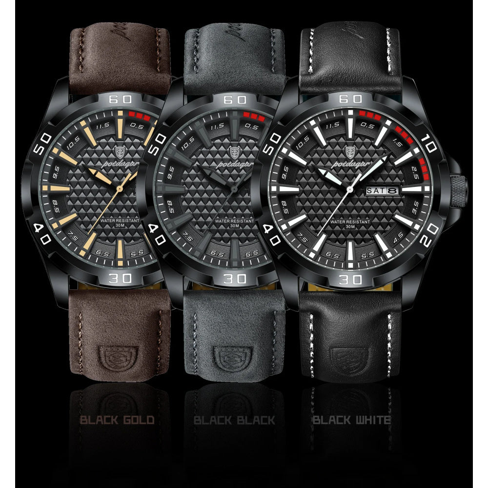 POEDAGAR Original Man Wristwatch Top Luxury Waterproof Luminous Date Week Watch For Men Quartz Sport Leather Men's Watches Reloj