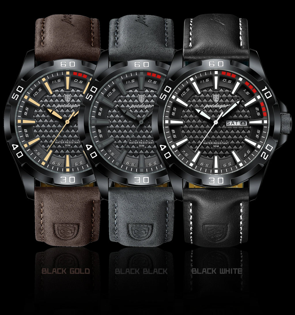 POEDAGAR Original Man Wristwatch Top Luxury Waterproof Luminous Date Week Watch For Men Quartz Sport Leather Men's Watches Reloj