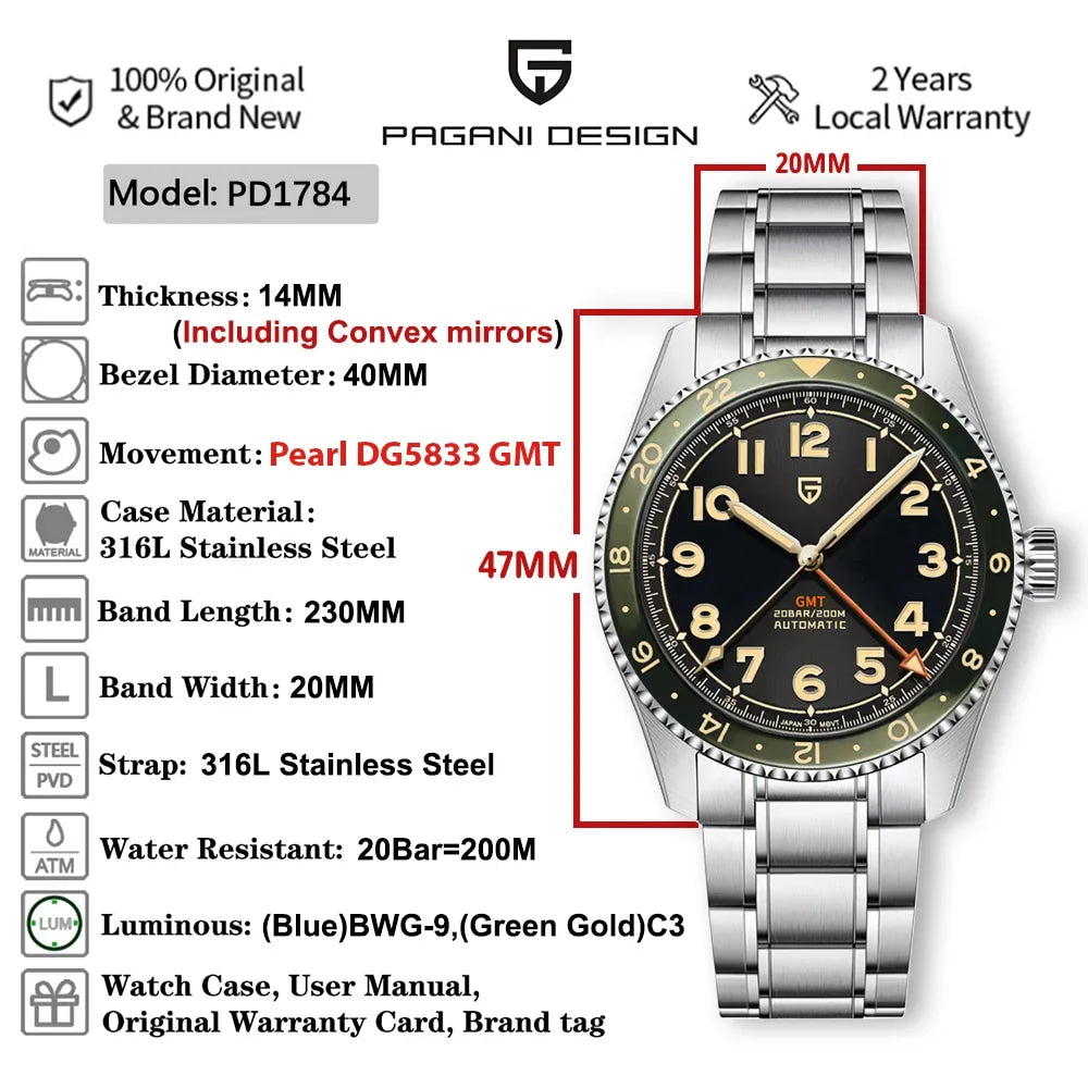PAGANI DESIGN PD1784 Men’s GMT Automatic Mechanical Watch DG5833 Stainless Steel Sapphire Crystal Waterproof Local Delivery