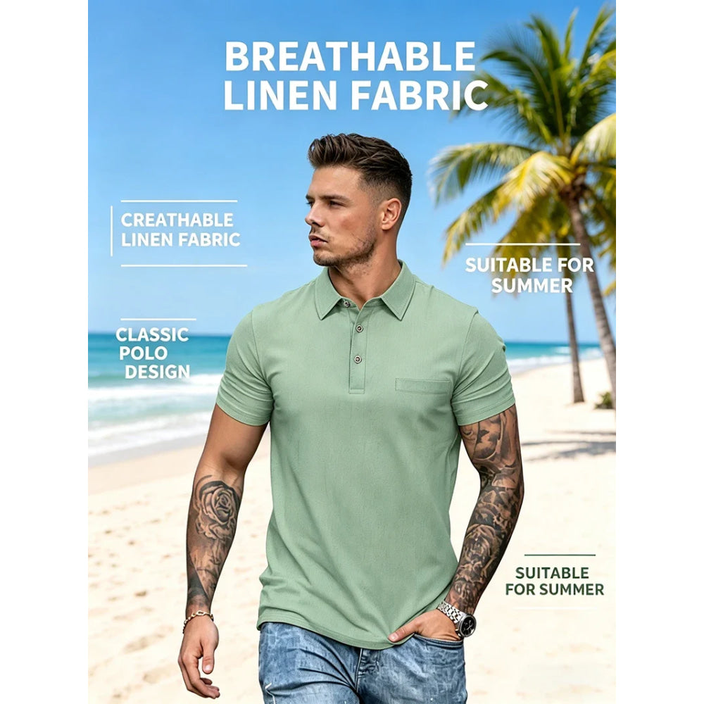 Men's Linen Blend Short Sleeve Polo Shirt Button Placket Chest Patch Breathable Casual Golf Business Work Daily Tops for Men