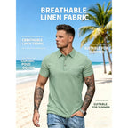Men's Linen Blend Short Sleeve Polo Shirt Button Placket Chest Patch Breathable Casual Golf Business Work Daily Tops for Men