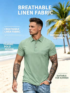 Men's Linen Blend Short Sleeve Polo Shirt Button Placket Chest Patch Breathable Casual Golf Business Work Daily Tops for Men