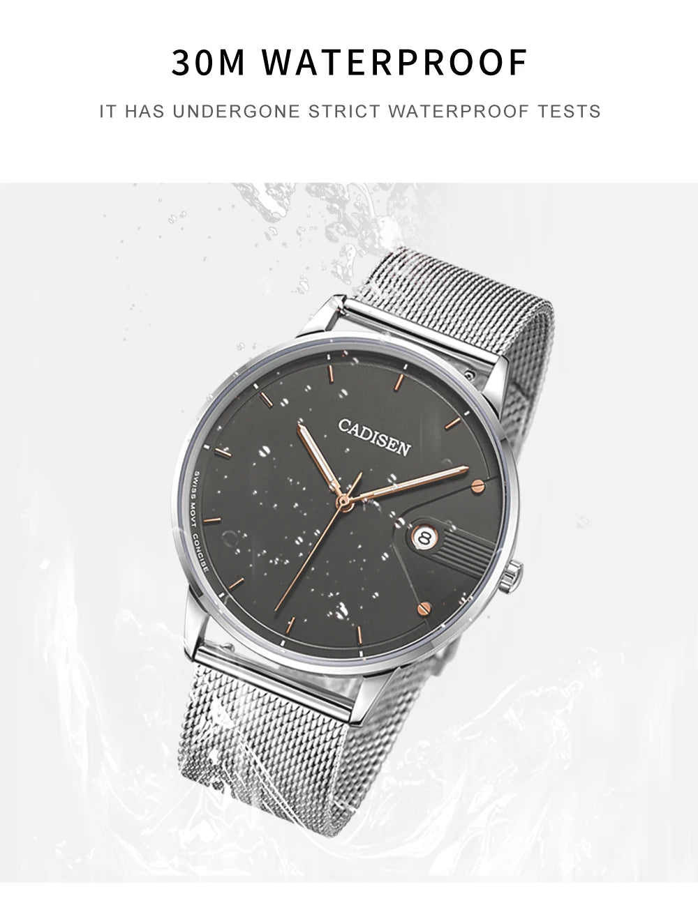 CADISEN Swiss Ronda 715 Quartz Watch Mans 7MM Ultra-thin Dial Sapphire Luminous Stainless Steel Milano Mesh Strap Watches Men