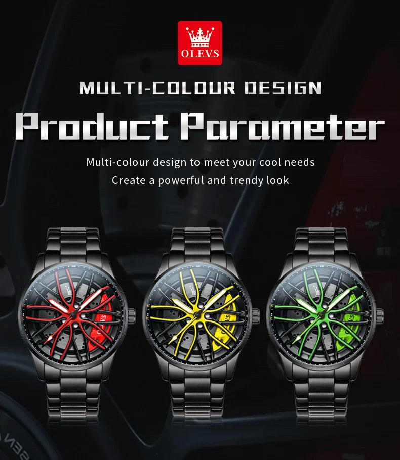 OLEVS Mens Watch Quartz Watch Original Rotatable Wheel Hub Dial Fashion Trend Waterproof Luminous Stainless Steel Reloj 9937