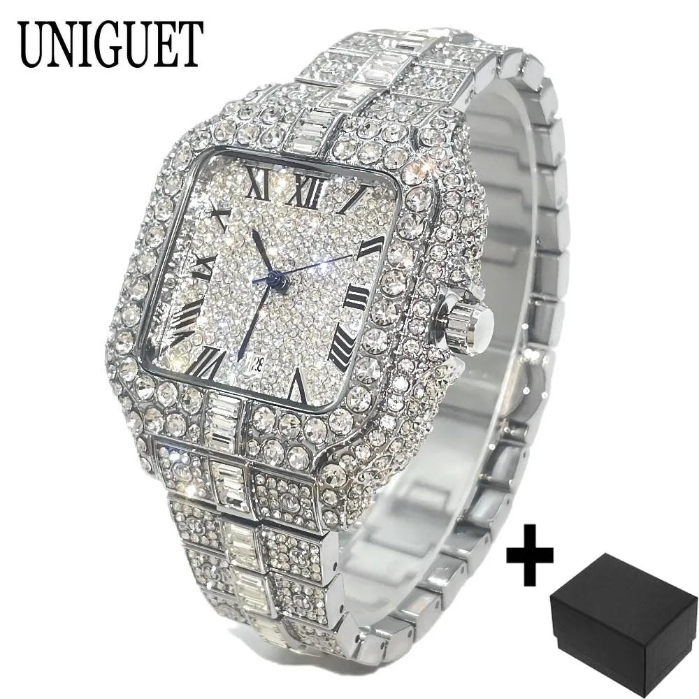 UNIGUET Fashion Diamond Watch for Men Luxury Waterproof Square Quartz Clocks Hip Hop Ice Out Jewelry Wristwatch Male Hot Sell