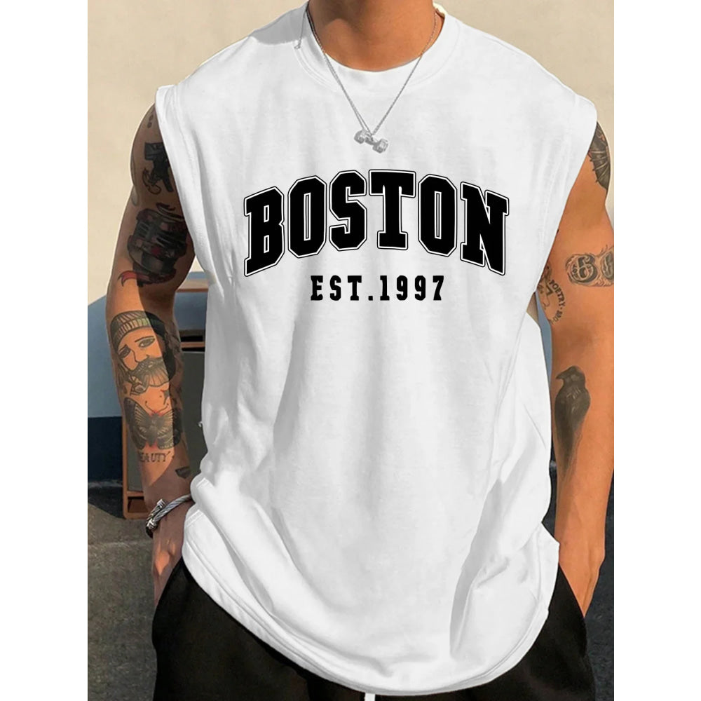Men's summer fashion casual sports loose Boston est 1997 Print comfortable breathable round neck sleeveless vest
