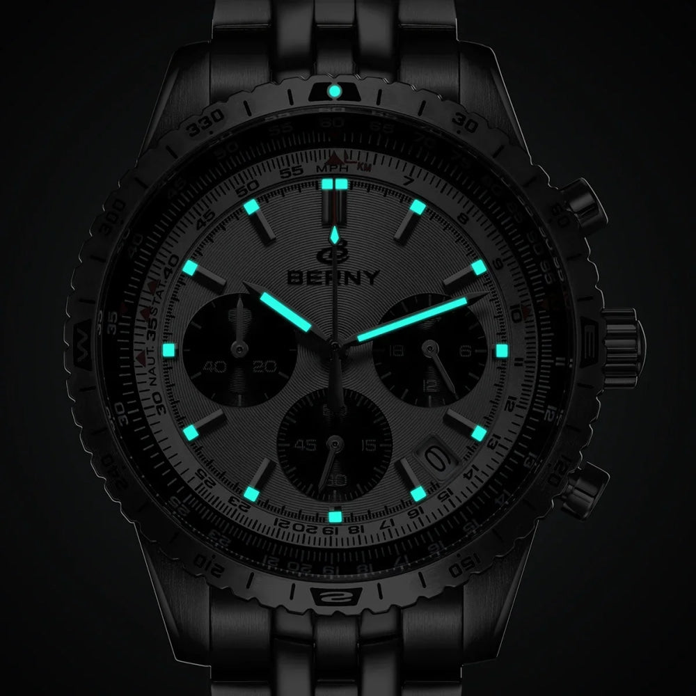 BERNY Chronograph Watches for Men Aviation Multifunction Quartz Men's Watch Date Sapphire Super Luminous Luxury Wristwatch