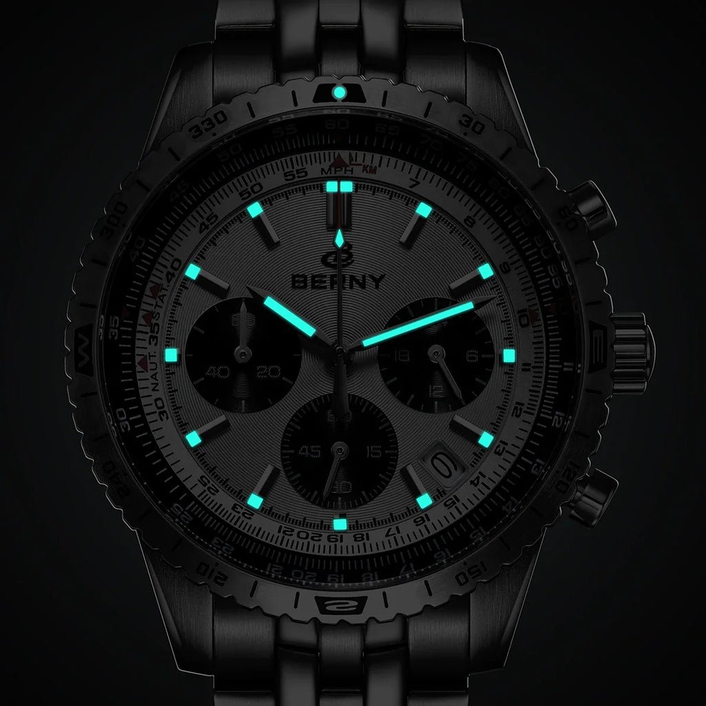 BERNY Chronograph Watches for Men Aviation Multifunction Quartz Men's Watch Date Sapphire Super Luminous Luxury Wristwatch