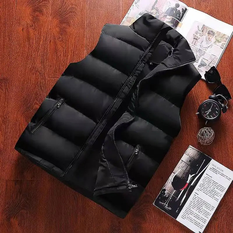 Chaleco para hombre, chaqueta cálida sin mangas, abrigo impermeable con cremallera para invierno, chaleco informal con cuello levantado para otoño, ropa de marca
