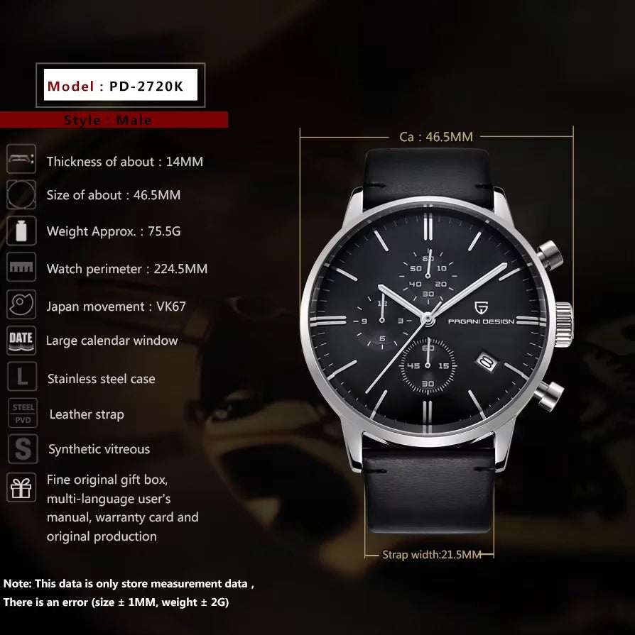 Pagani Design Fashion Luxury Men's Quartz Chronograph Watch Japan VK67 Movement Leather Strap Large Calendar PD-2720K reloj