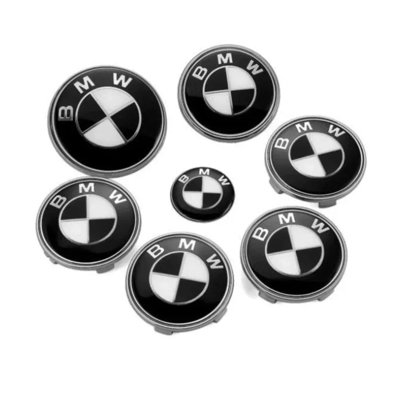 Car Black White BMW Logo Front Hood Emblem 82mm Rear Badge 74mm Wheel Hub Cap 60mm steering wheel sticker 45mm Accessories