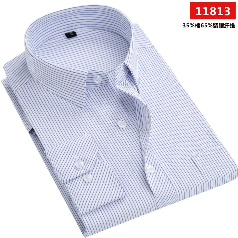 Men's long-sleeved shirt loose version flat hem striped business formal middle-aged and elderly straight shirt