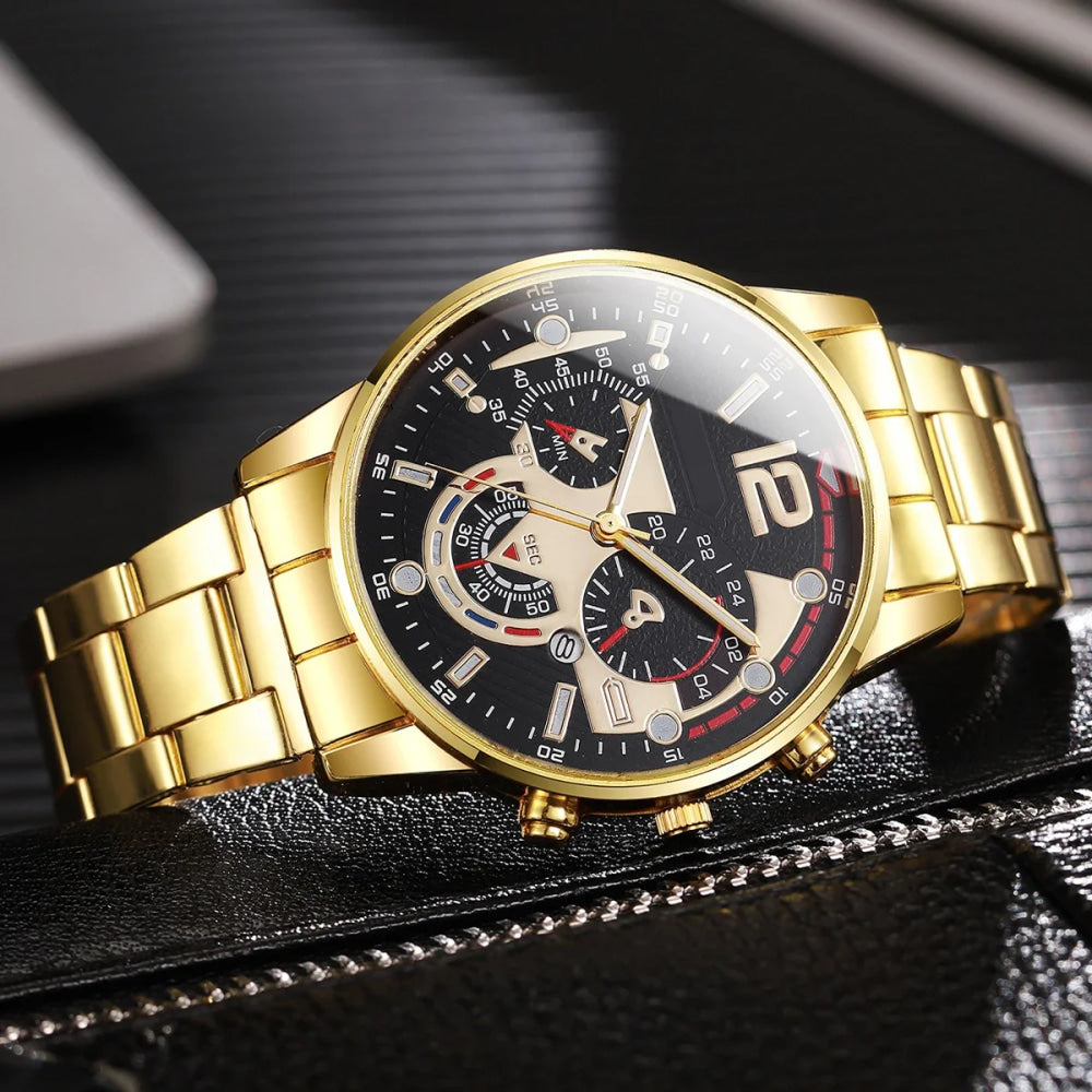 6PCS Luxury Men Business Watches Rings Set Fashion Steel Band Man Arabic Dial Quartz Wristwatch (Without Box)