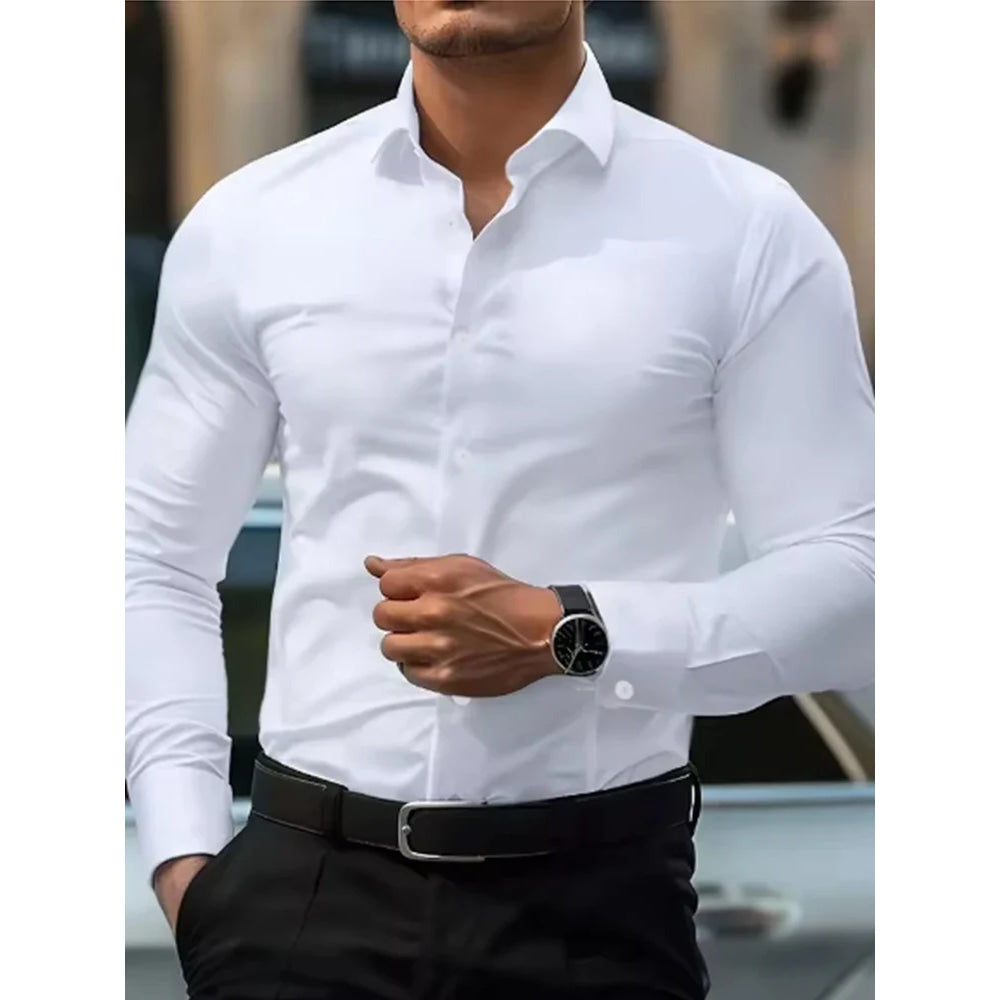 White men's Dress shirt without ironing, business casual, slim and slim black shirt, solid color, fashionable and high-quality