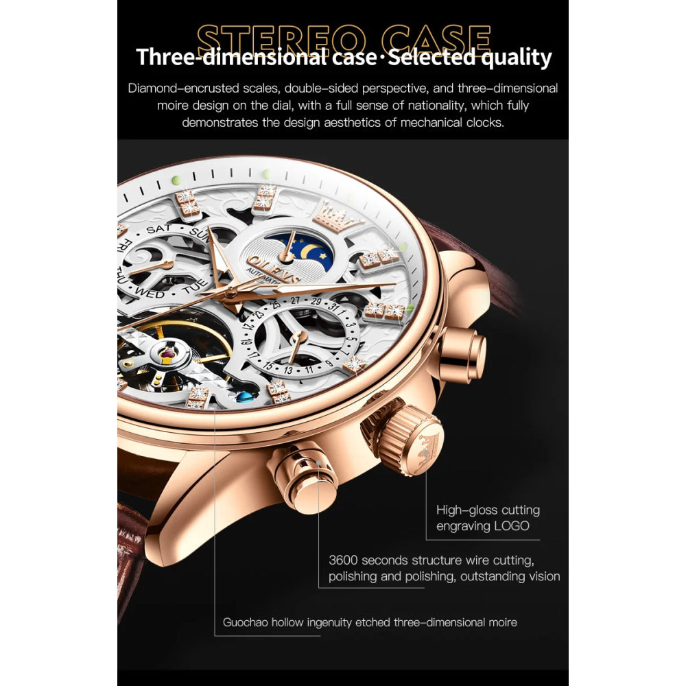 OLEVS 6658 Mens Watch Business Leather Strap Reloj  Hollow out Mechanical Automatic Wristwatch Waterproof Luminous Watch For Man