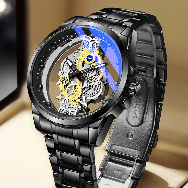 TPW Hot Trendy Fashion Wholesale Men Golden Black Blue Skeleton NOT Automatic Watch Quartz Wrist Watches Luxury 2024