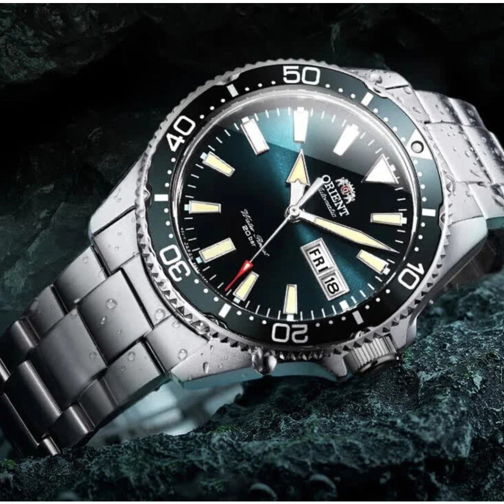 Orient Automatic Mechanical Diver Watch for Men 200M Waterproof Red Dial Stainless Steel Band Day Date Display Sport Wristwatch