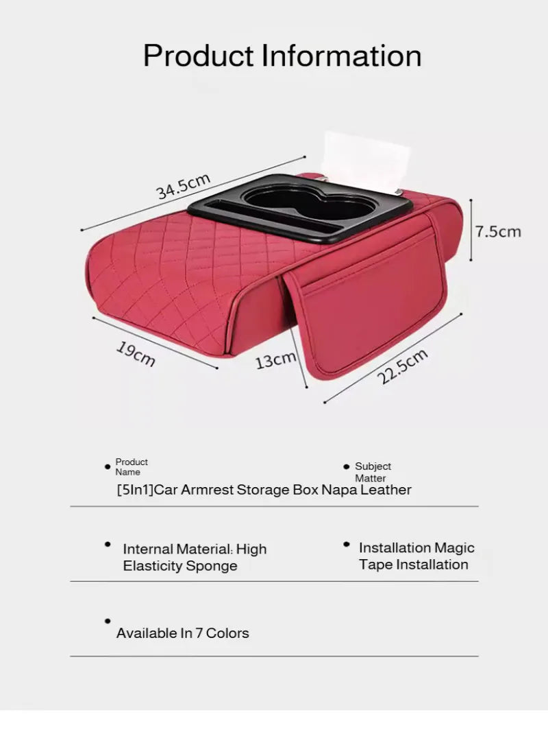 Reposabrazos para Coche 5 en 1: Caja para Pañuelos, Portavasos, Bolsa de Almacenamiento Multifuncional, Almohadilla Elevadora y Cojín con Bolsillo