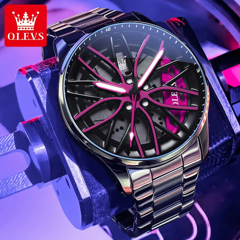OLEVS Mens Watch Quartz Watch Original Rotatable Wheel Hub Dial Fashion Trend Waterproof Luminous Stainless Steel Reloj 9937