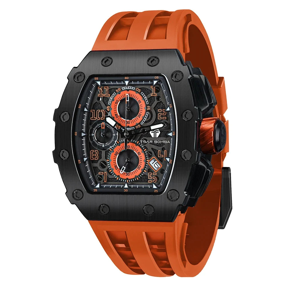 TSAR BOMBA Watch for Men Luxury Brand Tonneau Design Waterproof Clock Stainless Steel Wristwatch Fashion Rectangle Mens Watch