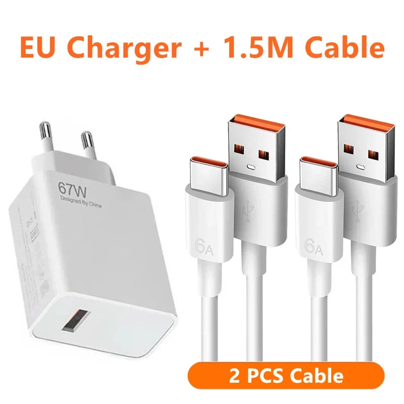 Cargador de pared ultrarrápido para Xiaomi, Cable USB tipo C, 6A, 67W, UE, 11, 12 Lite, 13T, Redmi Note 10, 11T, 12T, 13, POCO F4, F5, X4, X5 Pro, 1m, 2m