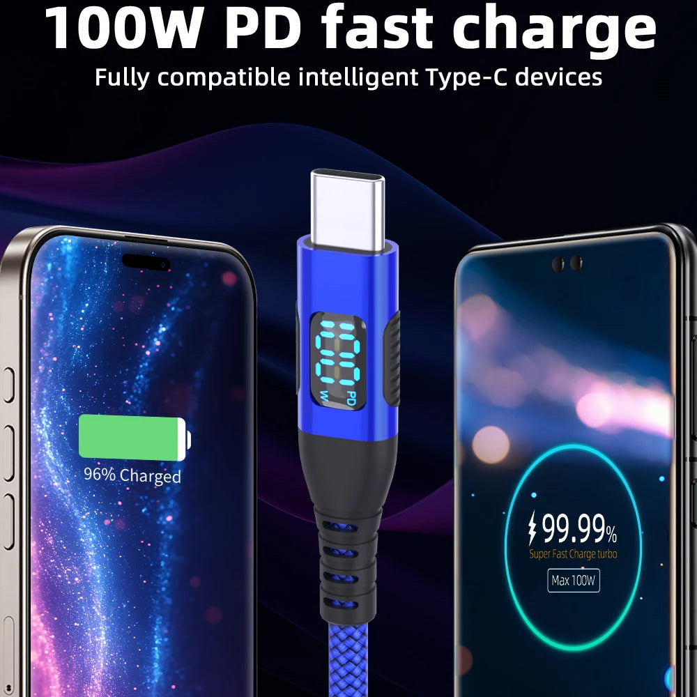 100W Nylon USB Type C Super Fast Charging Cable For Samsung Xiaomi Huawei Honor LED Digital Display USB C Charger Data Cord