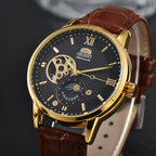 Orient Automatic Men's Watch Sun & Moon Phase Skeleton Dial Gold Case Black Leather Strap Mechanical Wristwatch
