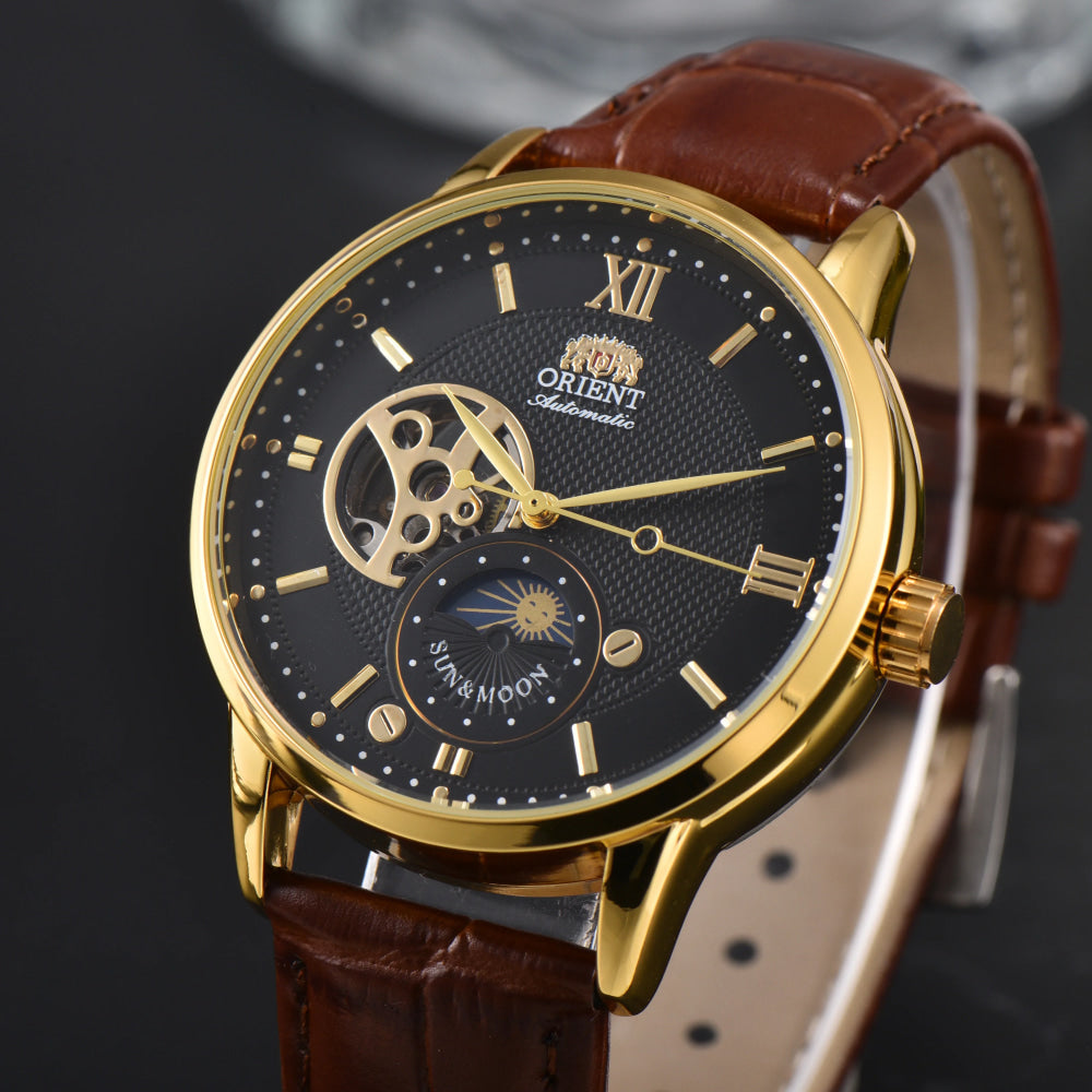 Orient Automatic Men's Watch Sun & Moon Phase Skeleton Dial Gold Case Black Leather Strap Mechanical Wristwatch