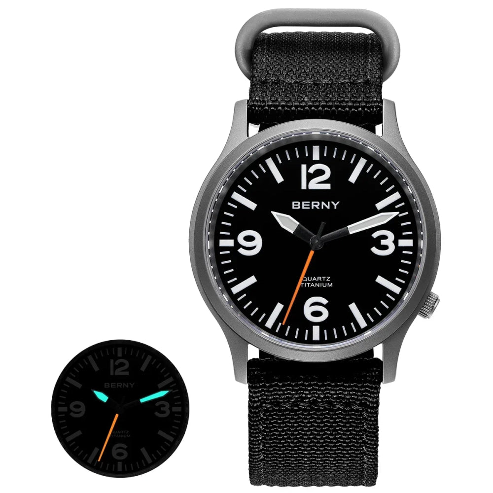 BERNY Full Titanium Watches for Men Super Luminous Sapphire Sports Field Quartz Men's Watch VH31 Wristwatch 5ATM Easy Read