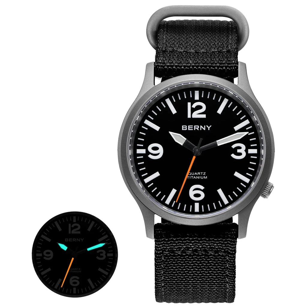 BERNY Full Titanium Watches for Men Super Luminous Sapphire Sports Field Quartz Men's Watch VH31 Wristwatch 5ATM Easy Read