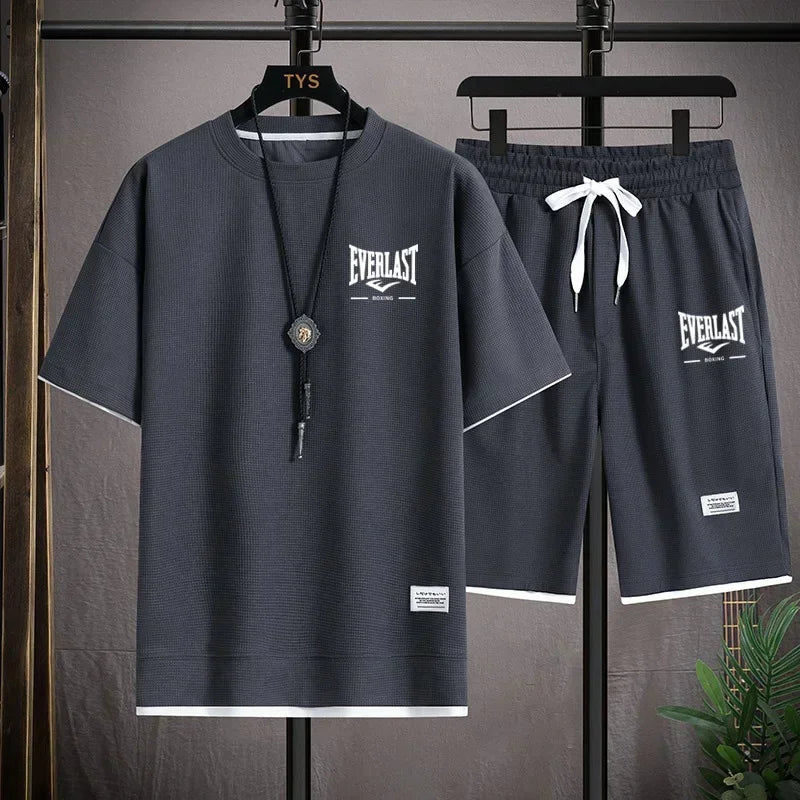 2026 Men's summer suit high quality round neck men's T-shirt 2 pieces shorts running quick dry leisure quick dry.