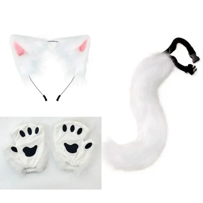 FluffyAnime-guantes y orejas de piel de Animal, cola de zorro, patas de gato, máscara facial, conjunto de disfraz de Cosplay, accesorios para fiesta de Halloween