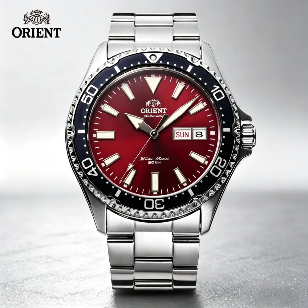 Orient Automatic Mechanical Diver Watch for Men 200M Waterproof Red Dial Stainless Steel Band Day Date Display Sport Wristwatch