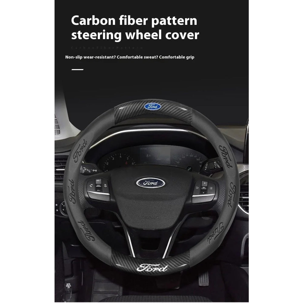 For Ford Mondeo Focus Raptor Puma Edge Explorer Ecosport Ranger F150 Kuga Car AntiSlip Carbon Fiber Leather Steering Wheel Cover