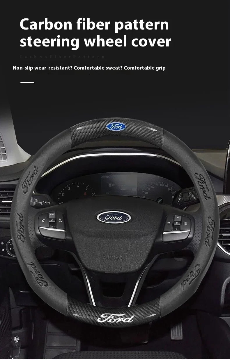 For Ford Mondeo Focus Raptor Puma Edge Explorer Ecosport Ranger F150 Kuga Car AntiSlip Carbon Fiber Leather Steering Wheel Cover