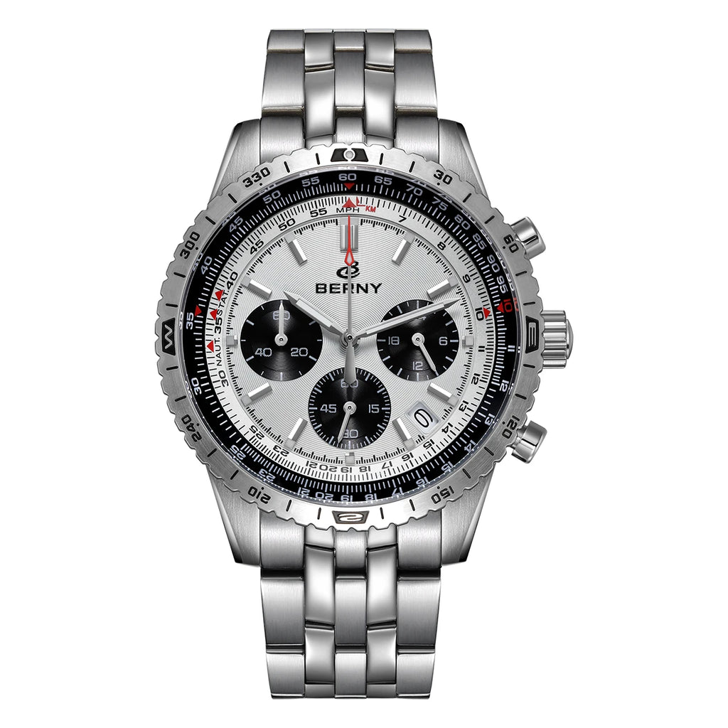 BERNY Chronograph Watches for Men Aviation Multifunction Quartz Men's Watch Date Sapphire Super Luminous Luxury Wristwatch