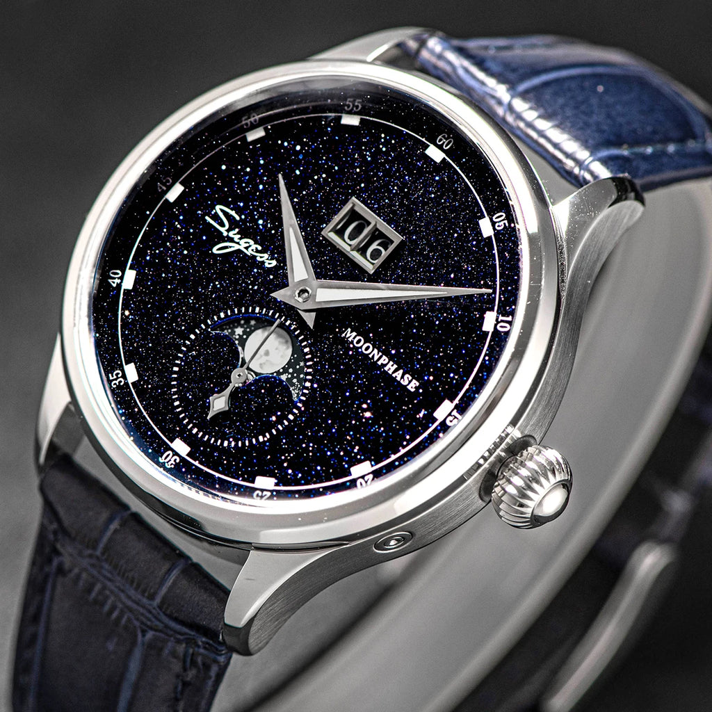 Sugess Moonphase Watch of Men 40mm Automatic Mechanical Wristwatches Origin ST2528 Movement Stainless Steel Blue Sandstone Dials