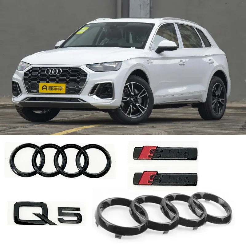 Car Front Hood Grill Emblem Rear Trunk Badge Sticker for Audi Q5 2014-2019 4 Ring Logo Q5 Sticker Quarrto Sline Side Decoration