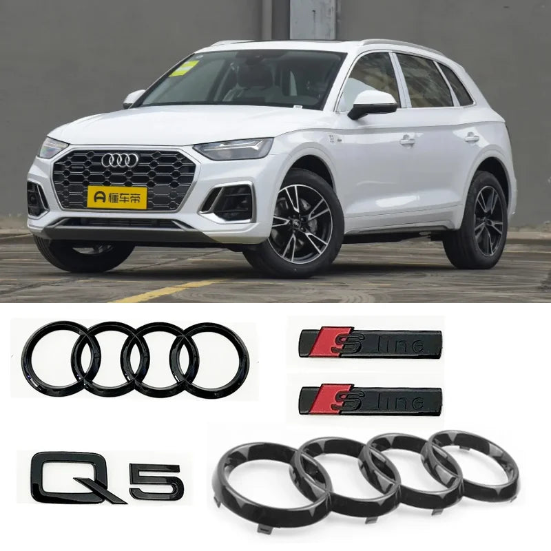 Car Front Hood Grill Emblem Rear Trunk Badge Sticker for Audi Q5 2014-2019 4 Ring Logo Q5 Sticker Quarrto Sline Side Decoration