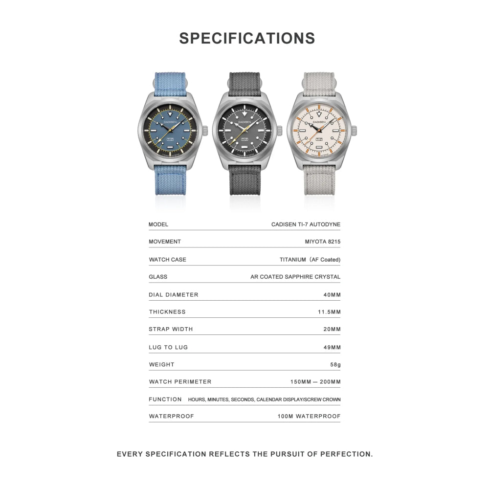 CADISEN TI-7 Autodyne 2026 NEW Titanium Automatic Mechanical Watch Man Canvas Wristwatch MIYOTA 8215 Luminous Waterproof Watches