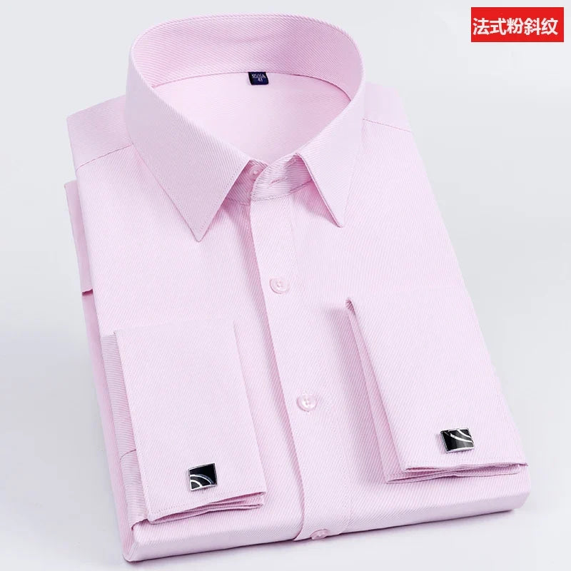 Men's French cufflink shirt with slim fit and contrasting color collar, Windsor collar, striped formal long sleeved shir