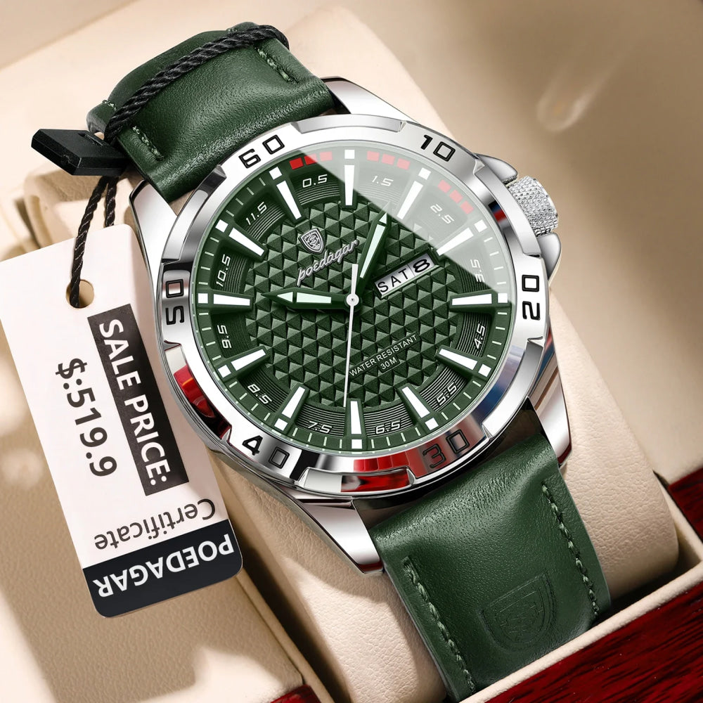 POEDAGAR Original Man Wristwatch Top Luxury Waterproof Luminous Date Week Watch For Men Quartz Sport Leather Men's Watches Reloj