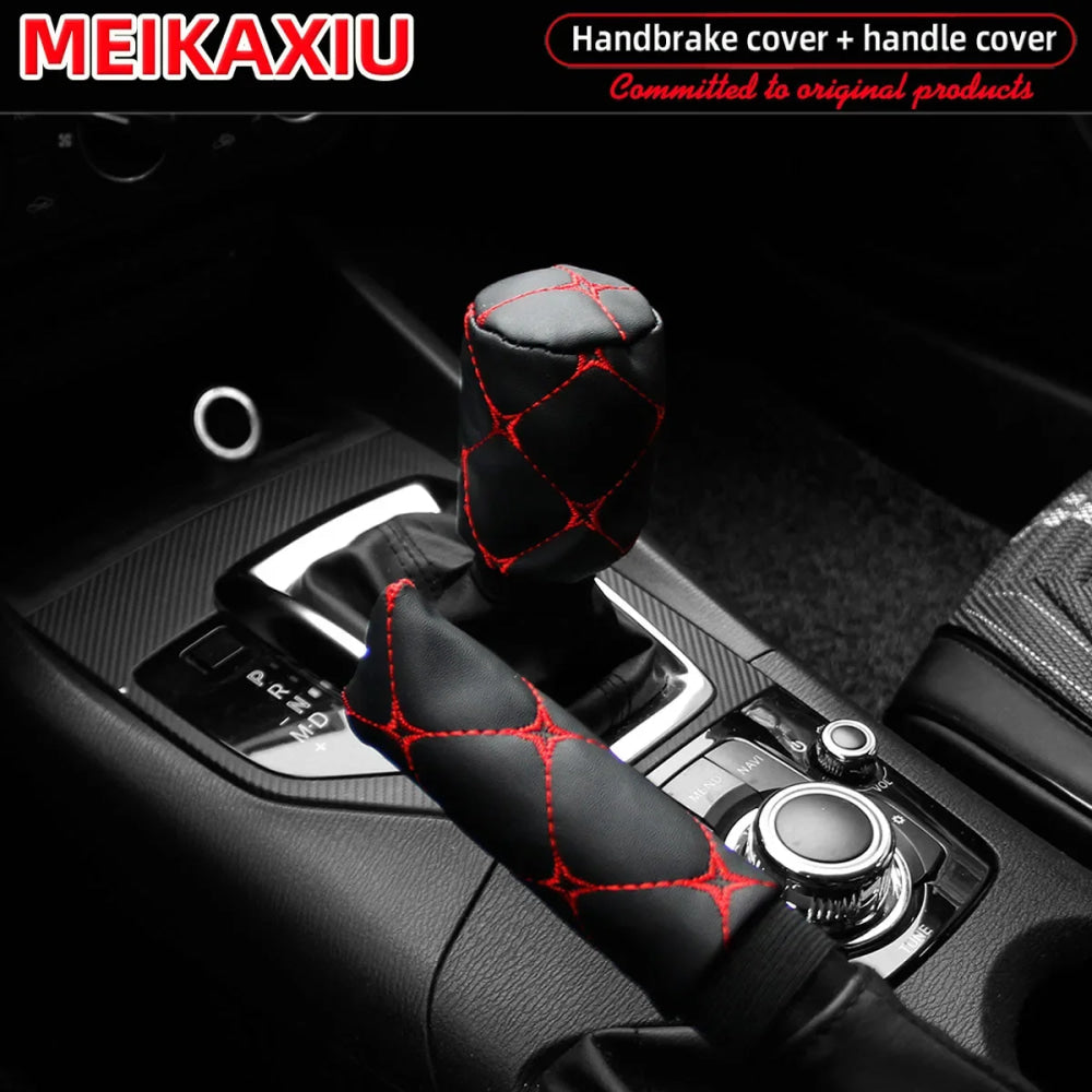 2 sets PU leather embroidered large lattice comfortable car handbrake cover handle set manual transmission car general purpose