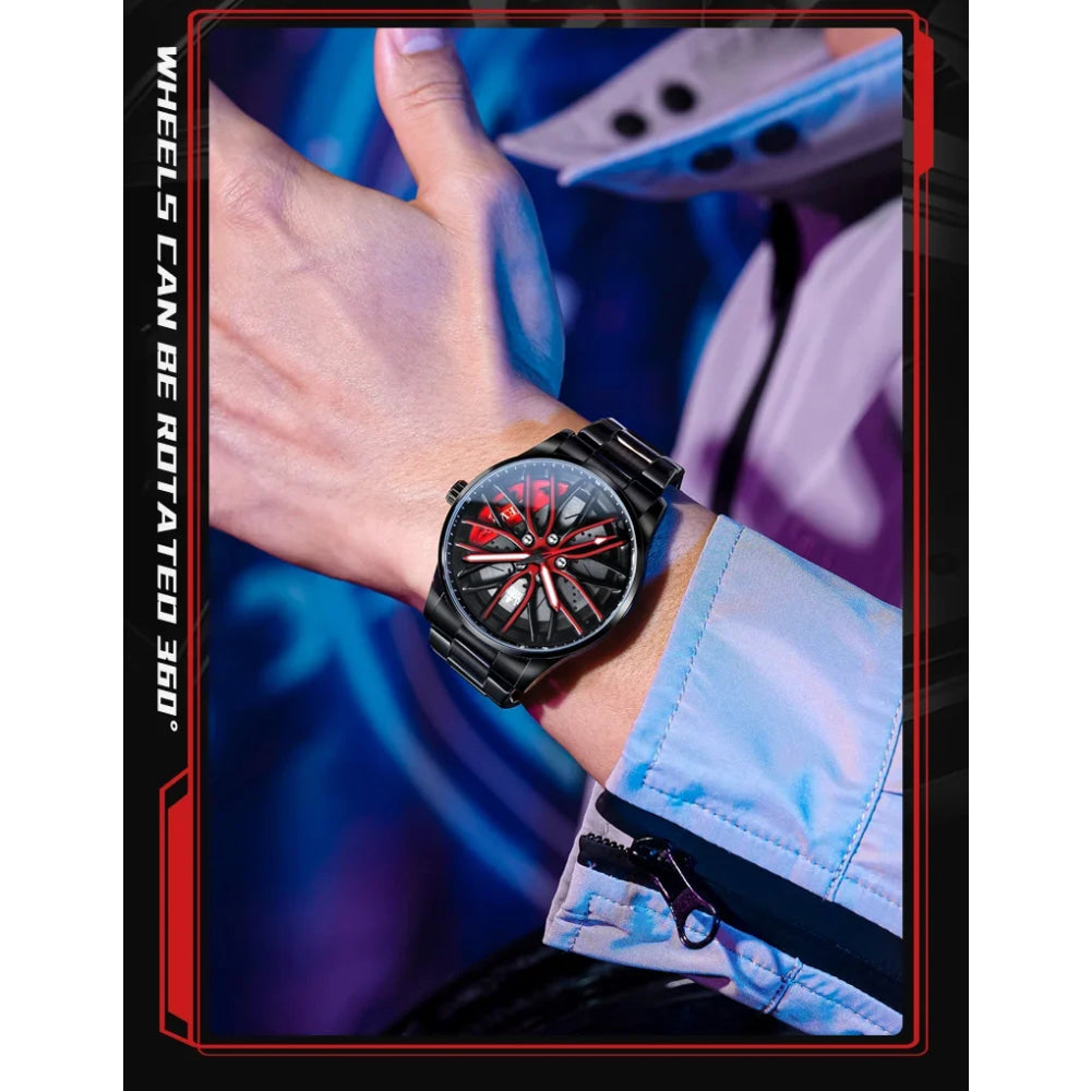 OLEVS Mens Watch Quartz Watch Original Rotatable Wheel Hub Dial Fashion Trend Waterproof Luminous Stainless Steel Reloj 9937